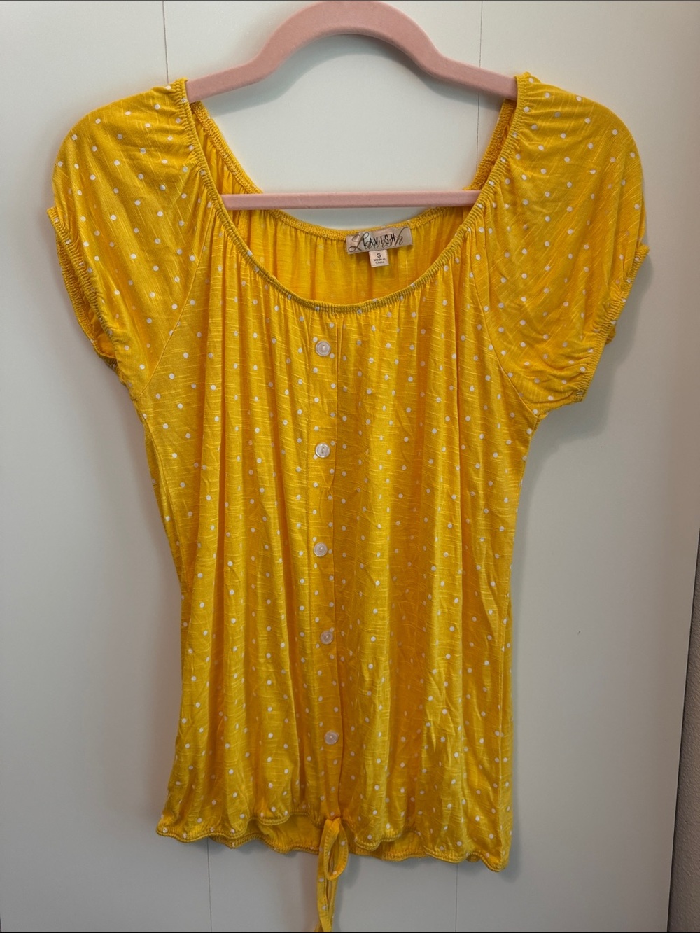 Lavish Yellow Polka Dot Button-Front Tie Hem Top